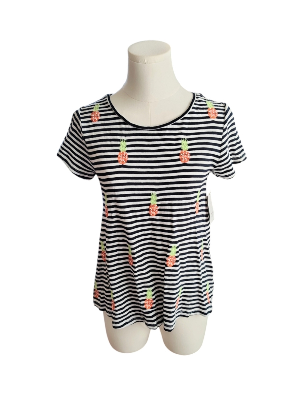 Crown & Ivy Authentic Tee Black White Striped Pineapple Embroidered Tee Size PP